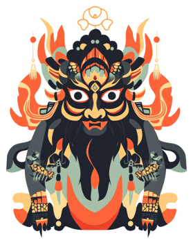 A vibrant stylized depiction of a mythical Asian deity or protector figure. png