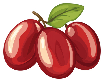 A vibrant illustration of three glossy red jujubes on a stem with a leaf. png