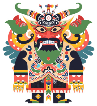 A colorful, stylized depiction of a mythical creature, possibly a protector deity. png