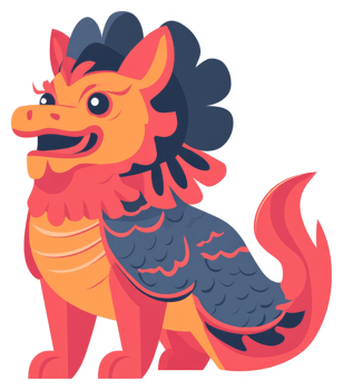 A colorful stylized depiction of a chinese guardian lion statue. png
