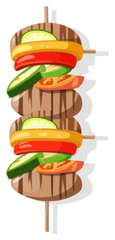 A colorful grilled skewer with meat and assorted vegetables. png
