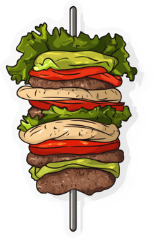 A towering burger skewer, piled high with delicious ingredients. png