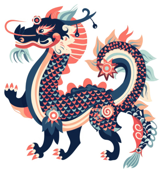 A stylized, colorful depiction of a mythical chinese dragon. png