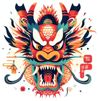 A vibrant and stylized illustration of a mythical dragon head, featuring bold colors and intricate patterns. png