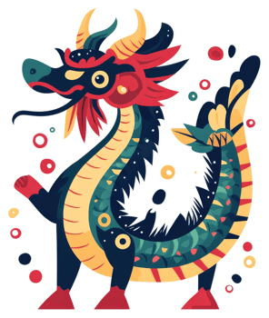 A stylized, colorful dragon with intricate details. png