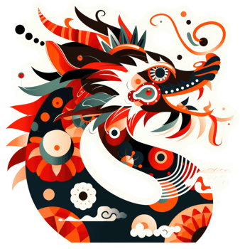 A vibrant, decorative illustration of a stylized dragon. png