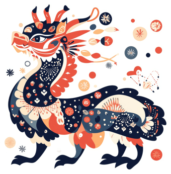 A vibrant, decorative dragon design with intricate floral and geometric patterns. png