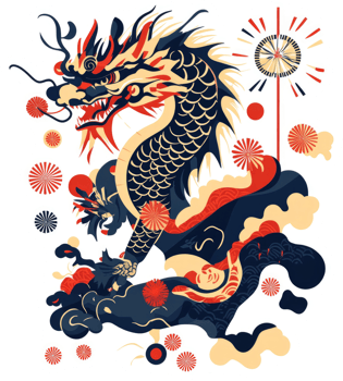 A vibrant illustration of a stylized dragon, incorporating asian decorative elements. png