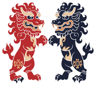 Two stylized chinese guardian lions, one red and one dark blue. png