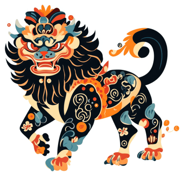 Ornate chinese guardian lion, decorated with vibrant floral and geometric patterns. png