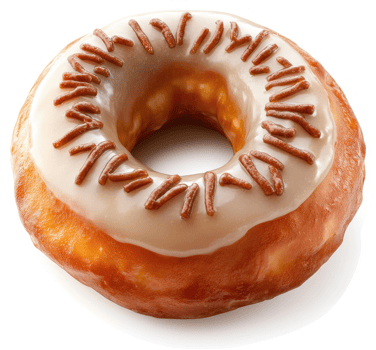 A glazed donut with a light brown icing and decorative brown sprinkles. png
