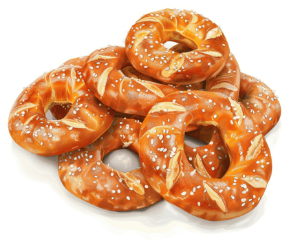 A pile of golden brown pretzel rings, sprinkled with seeds. png