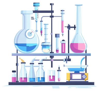A colorful illustration of a laboratory apparatus with various glassware and liquids. png
