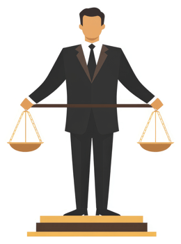 A man in a suit holding a balanced scale of justice. png