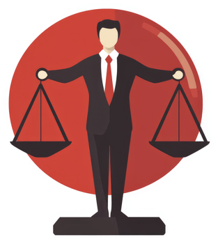 A businessman stands balanced on justice scales, symbolizing fairness and equity. png