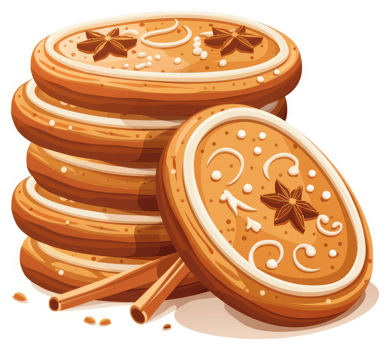 A stack of decorated gingerbread cookies with cinnamon sticks. png