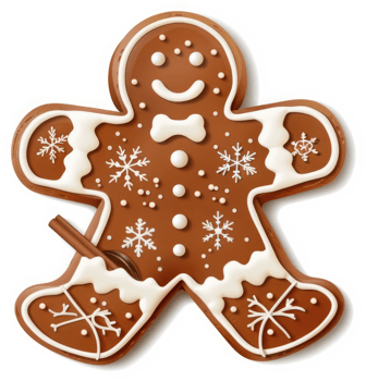 A festive gingerbread man cookie decorated with icing snowflakes. png