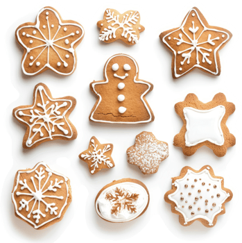Festive gingerbread cookies decorated with icing designs. png