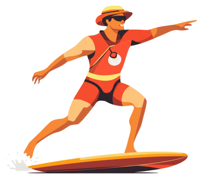 A lifeguard in action, confidently pointing towards the horizon while surfing. png