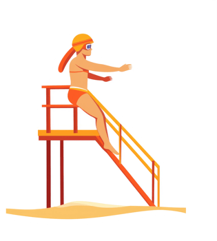 A lifeguard in an orange swimsuit prepares to enter the water. png