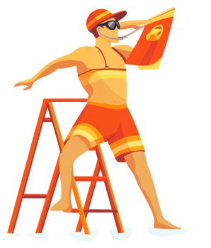 A lifeguard in orange swimwear stands on a ladder at a swimming area. png