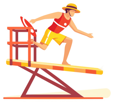 A lifeguard leaping from a beachside diving platform. png