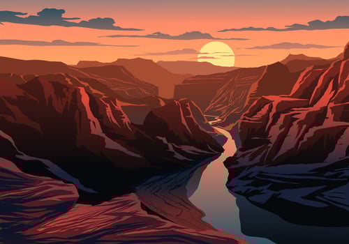 Breathtaking canyon sunset illustration. Nature scenery vector