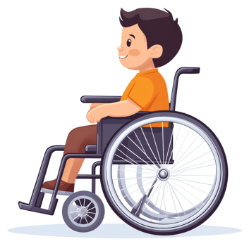 A young person in an orange t-shirt sits in a wheelchair. png