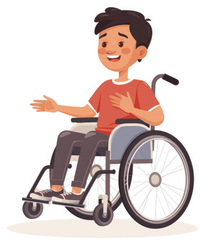 A young person in a wheelchair, smiling and gesturing. png