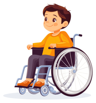 A young child in a wheelchair, looking upward. png