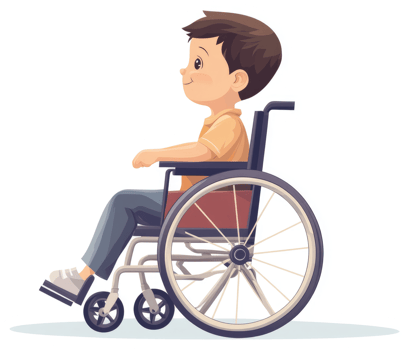 A young boy in a wheelchair, smiling and looking ahead. png