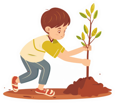 A young boy diligently plants a sapling in the earth. png