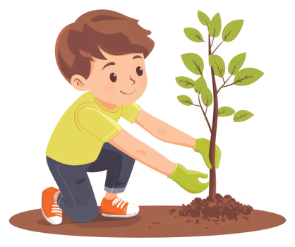 A young boy plants a small tree in the earth. png