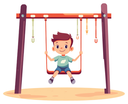 A boy happily swings on a playground swing set. png