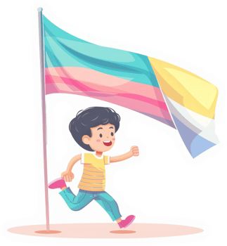 A joyful child runs towards a colorful flag. png