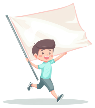 A happy child runs while holding a large blank banner. png