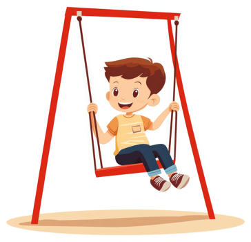 A happy boy swinging joyfully on a red metal swing set. png