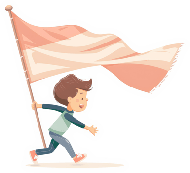 A happy child carries a large flag. png