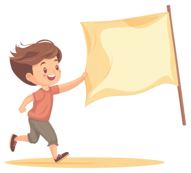 A young boy runs while holding a large flag aloft. png
