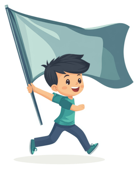A cheerful child runs with a large flag. png