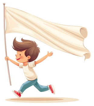 A boy runs with a large blank banner. png