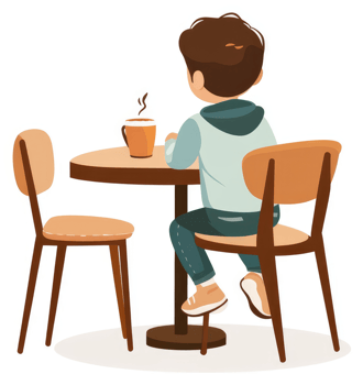 A young person seated alone at a cafe table enjoying a beverage. png