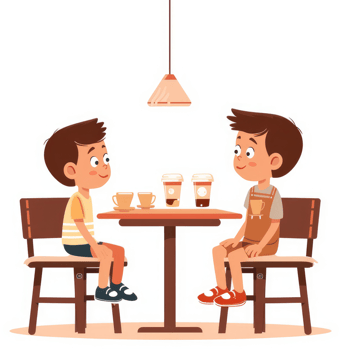 Two children seated at a table in a cafe, enjoying drinks. png