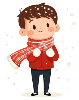 A cheerful cartoon boy in winter clothes enjoying snowfall. png