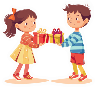 Two children exchanging gifts. png