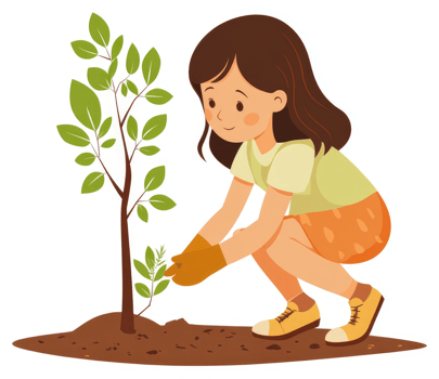 A young girl plants a tree in the earth. png