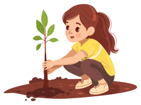 A young girl plants a sapling in the earth. png