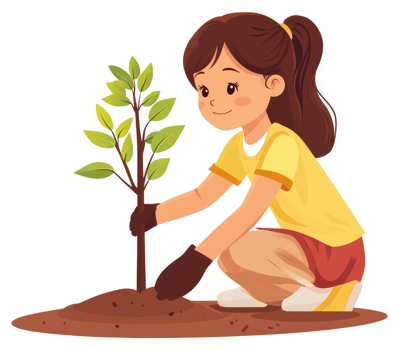 A young girl planting a tree in the earth. png