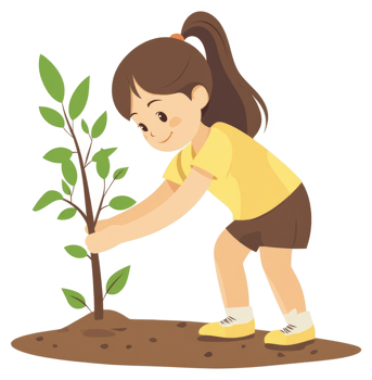 A young girl plants a tree, symbolizing environmental care. png