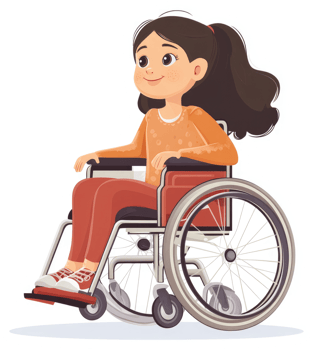 A young girl in a wheelchair, looking upward with a cheerful expression. png
